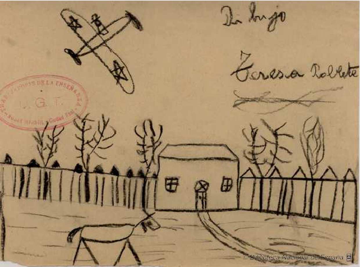 Dibujos hechos por los niños durante la guerra civil española paisaje con casa y avión