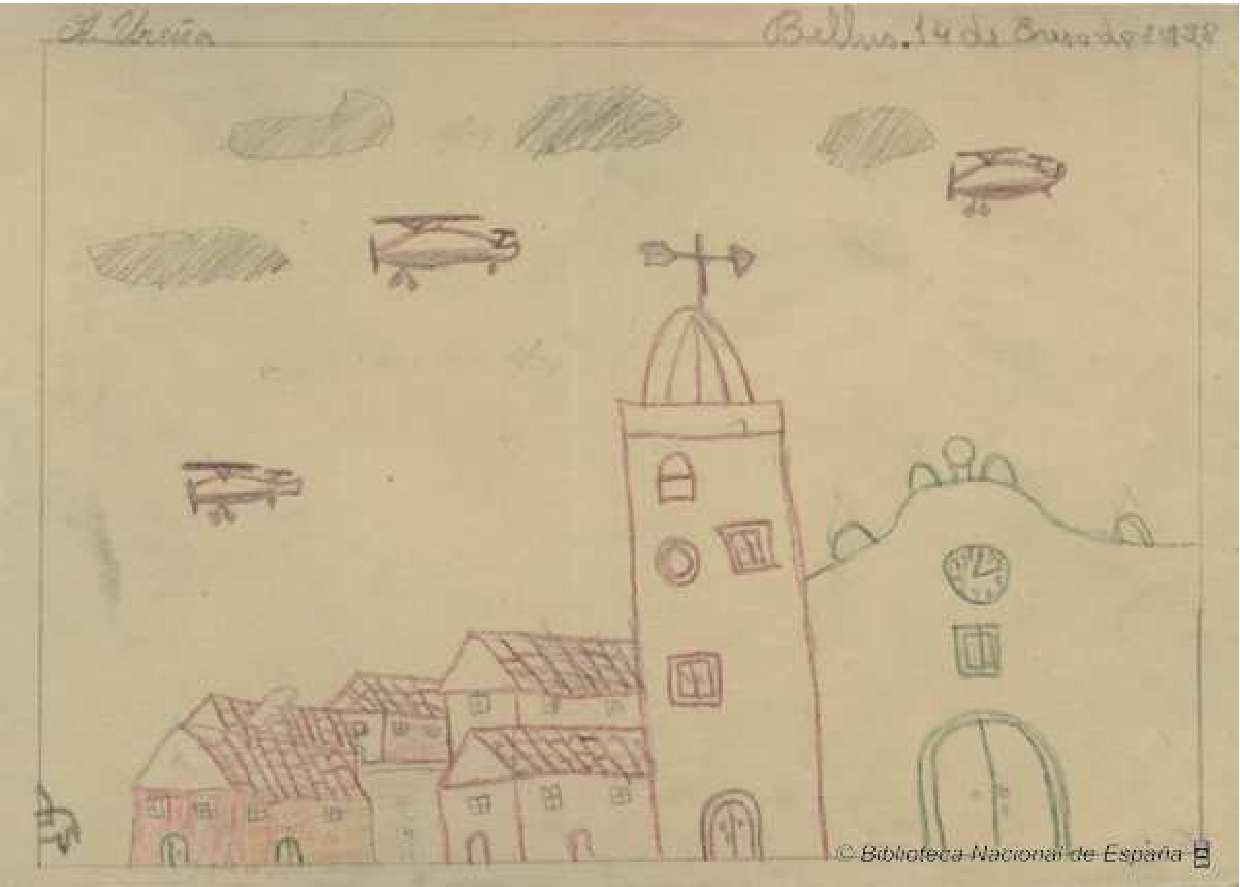Dibujos hechos por los niños durante la guerra civil española pueblo y aviones